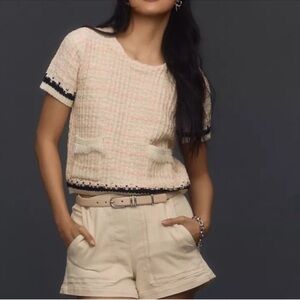 NEW- Anthropologie Cream Pink Tweed Short-Sleeve Cropped Top with Black Trim